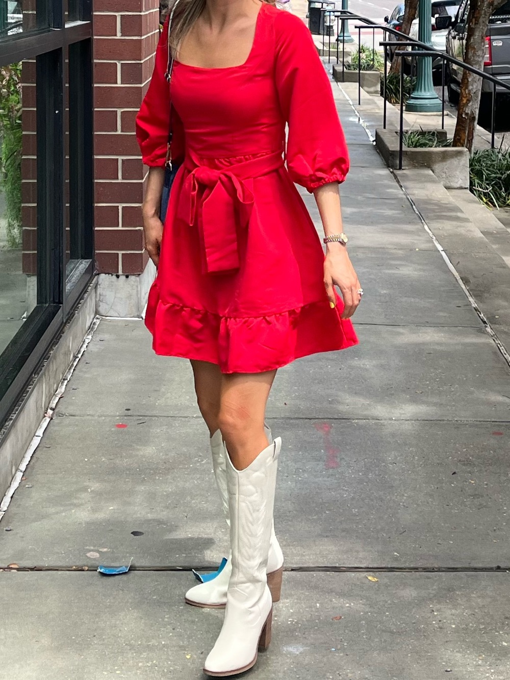 Red Puff-Sleeve Tie-Waist Mini Dress - Women / Ole Miss, Alabama game day dress